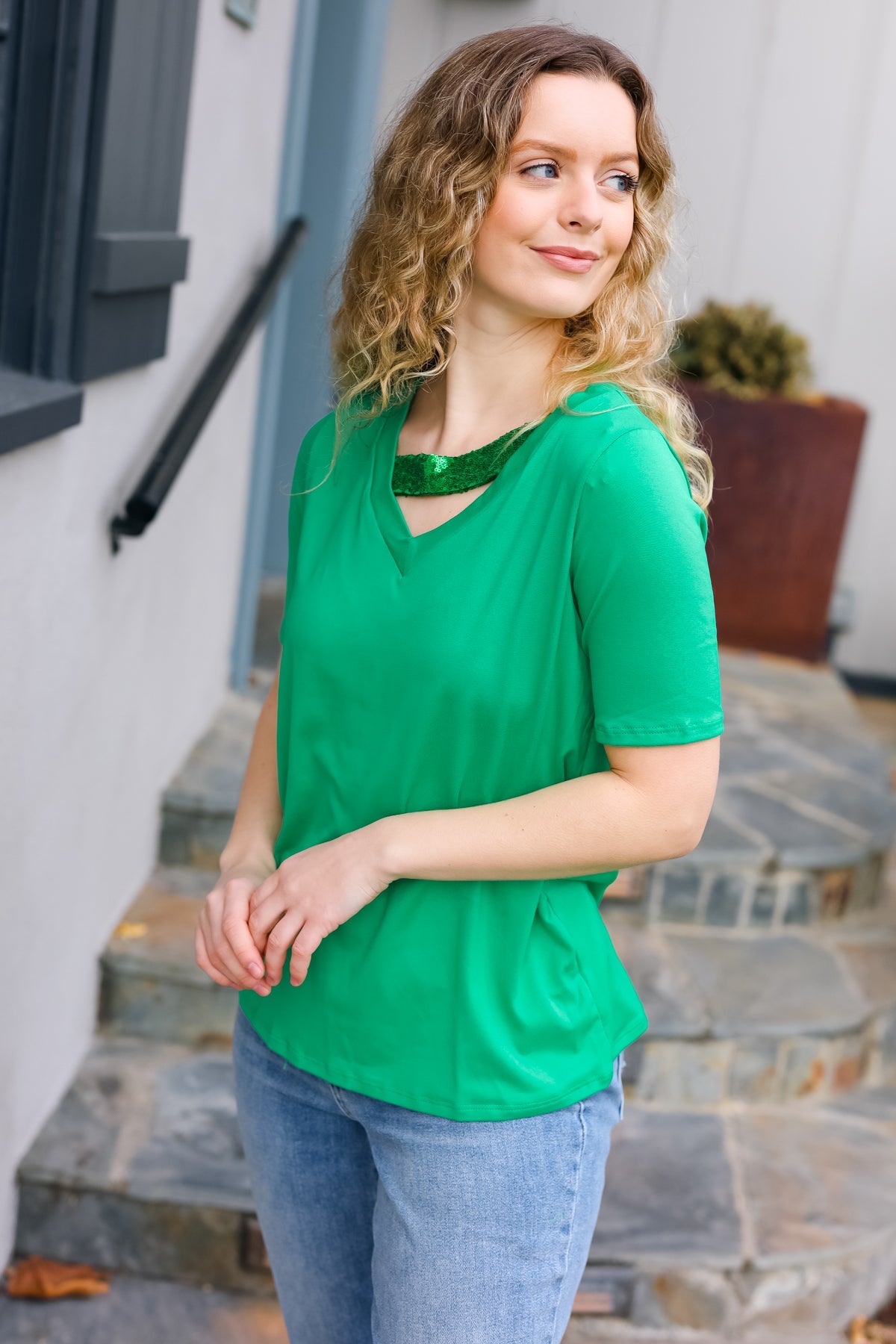 Saint Patrick Asymmetrical Sequin Banded V Neck Top - Charming Charlie