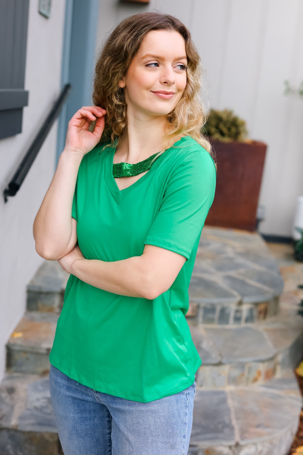 Saint Patrick Asymmetrical Sequin Banded V Neck Top - Charming Charlie