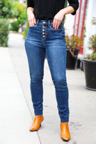 Stand Out Dark Denim High Rise Skinny Fit Button Fly Jeans - Charming Charlie
