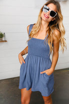 Dusty Blue Terry Smocked Tank Top Baggy Shorts Romper - Charming Charlie