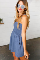 Dusty Blue Terry Smocked Tank Top Baggy Shorts Romper - Charming Charlie