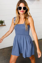 Dusty Blue Terry Smocked Tank Top Baggy Shorts Romper - Charming Charlie