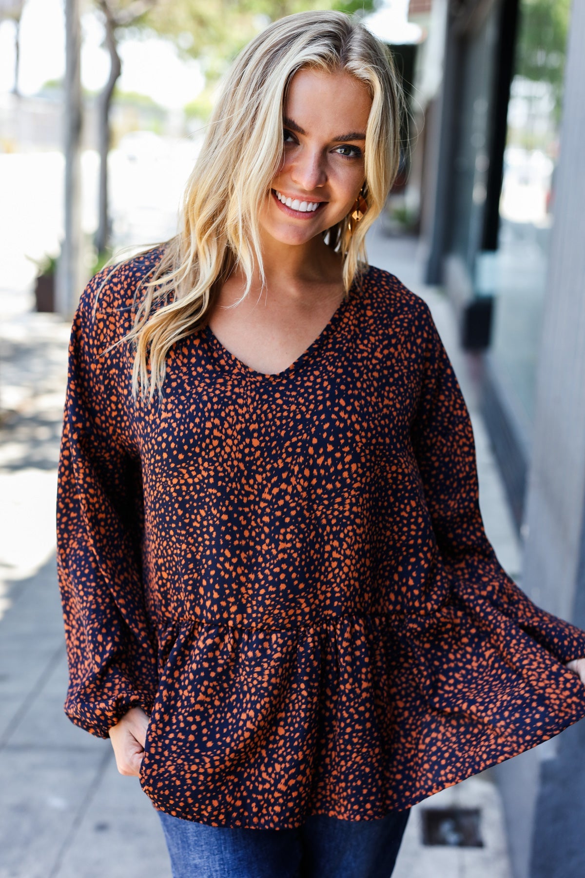 Navy & Rust Leopard Woven Babydoll Top – Charming Charlie