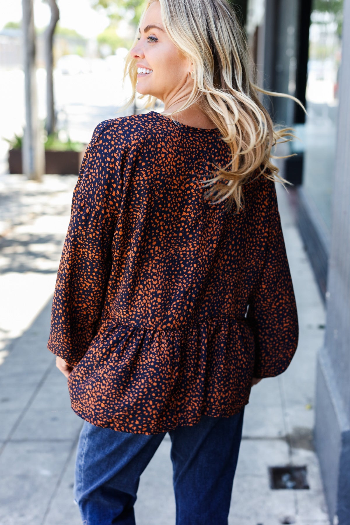 Navy & Rust Leopard Woven Babydoll Top - Charming Charlie