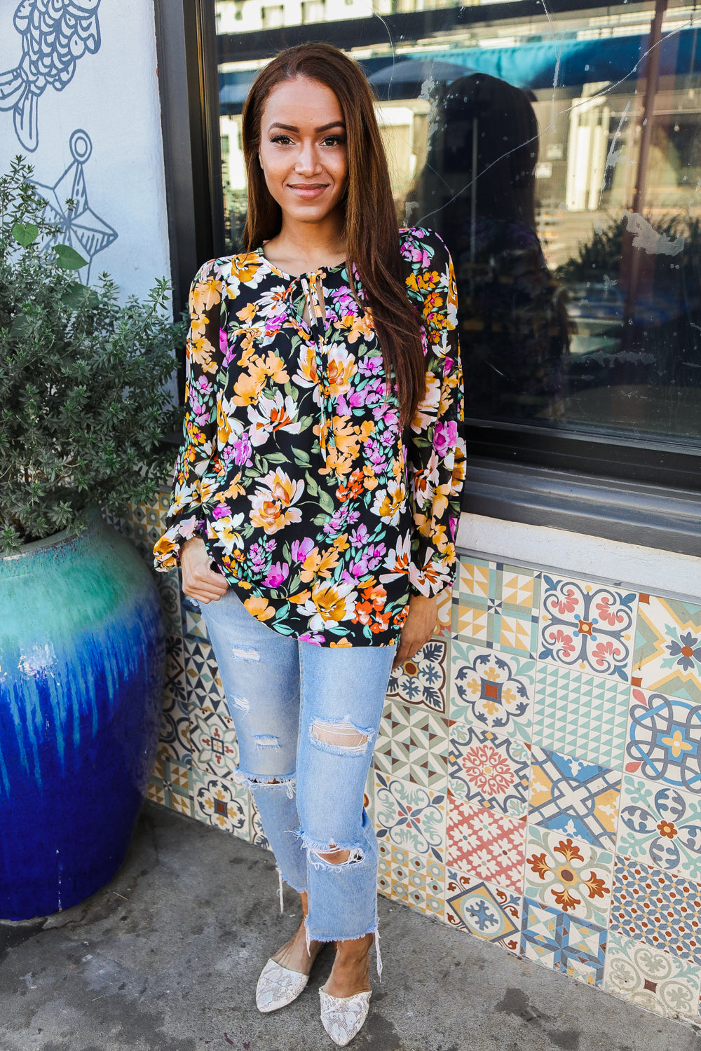Boho Vibes Notch Tie Neck Floral Print Long Sleeve Blouse - Charming Charlie
