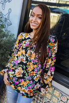 Boho Vibes Notch Tie Neck Floral Print Long Sleeve Blouse - Charming Charlie