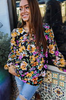 Boho Vibes Notch Tie Neck Floral Print Long Sleeve Blouse - Charming Charlie