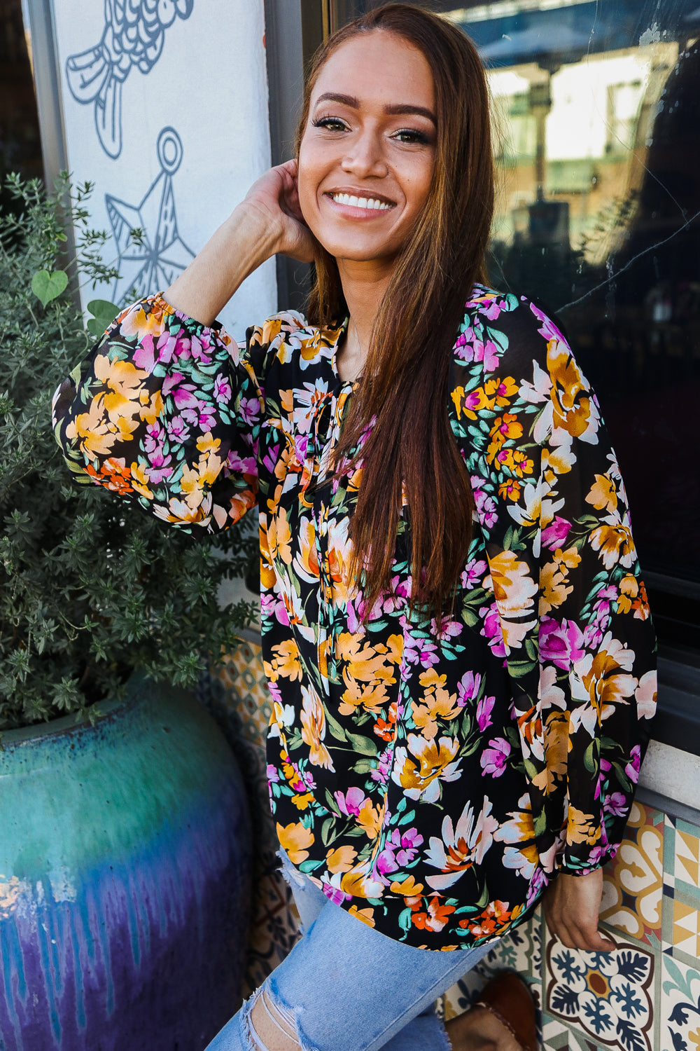 Boho Vibes Notch Tie Neck Floral Print Long Sleeve Blouse - Charming Charlie