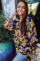 Boho Vibes Notch Tie Neck Floral Print Long Sleeve Blouse - Charming Charlie