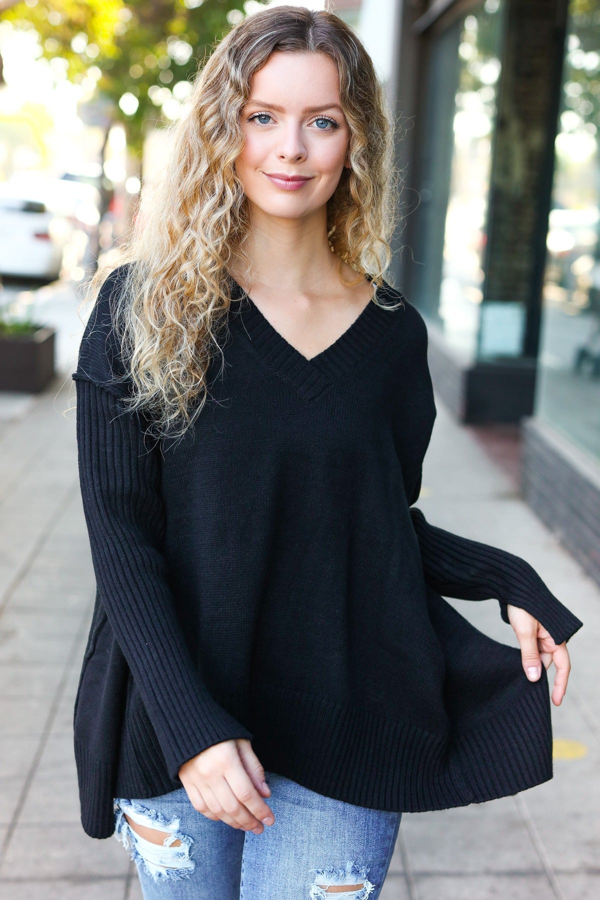 Jeans Oversized Black V Neck Jumper Casual Chic Black Oversized
