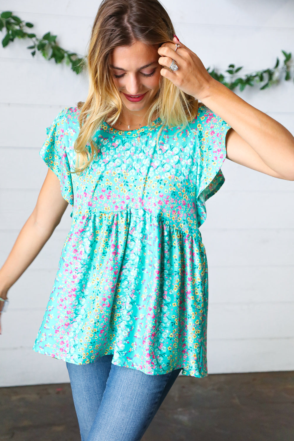 Turquoise Floral Stripe Babydoll Top - Charming Charlie