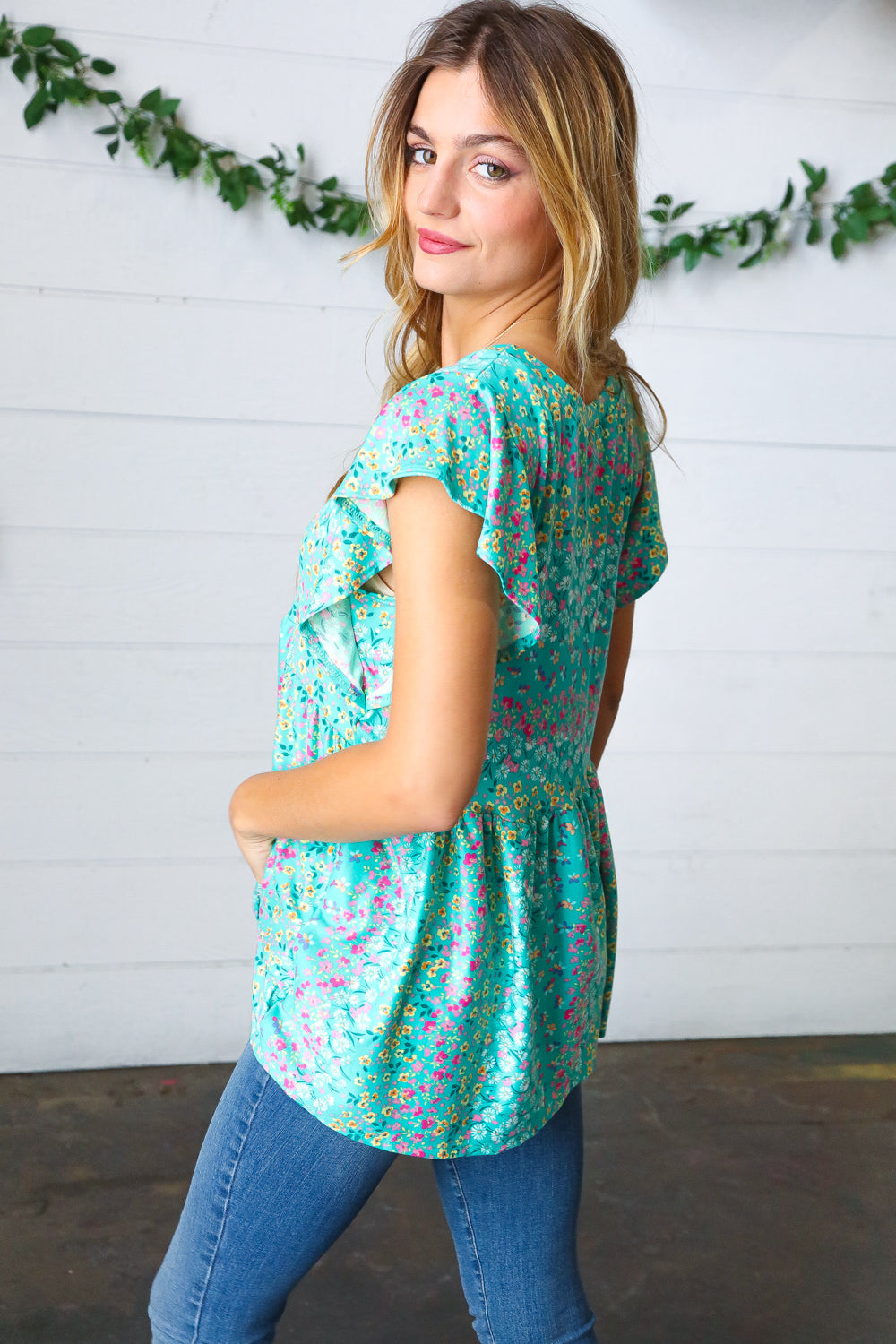 Turquoise Floral Stripe Babydoll Top - Charming Charlie