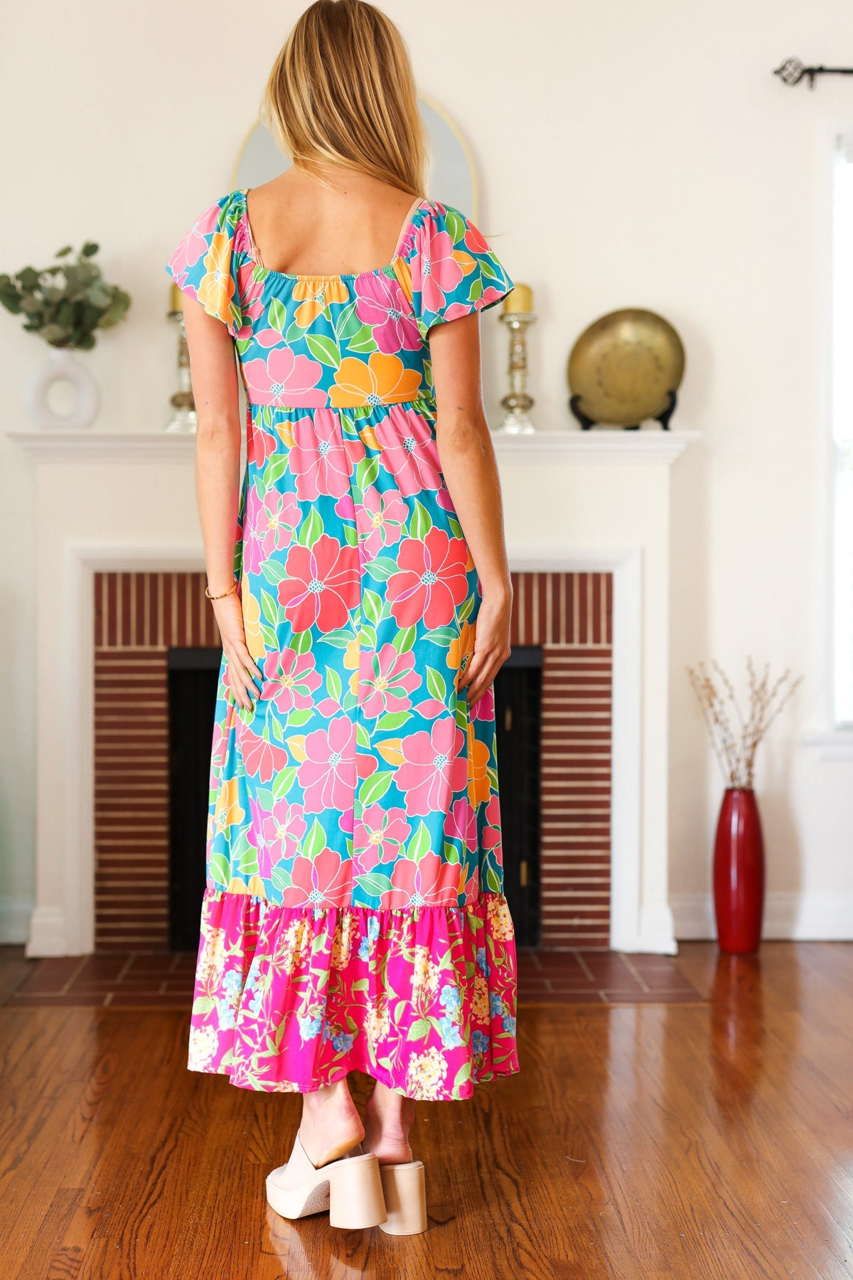 Vacay Vibes Blue Floral Print Sweetheart Twisted Neckline Maxi