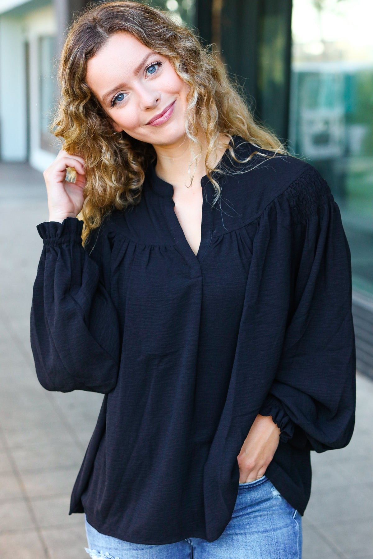 Boho Vibes Black Notched Neck Smocked Bubble Sleeve Top – Charming