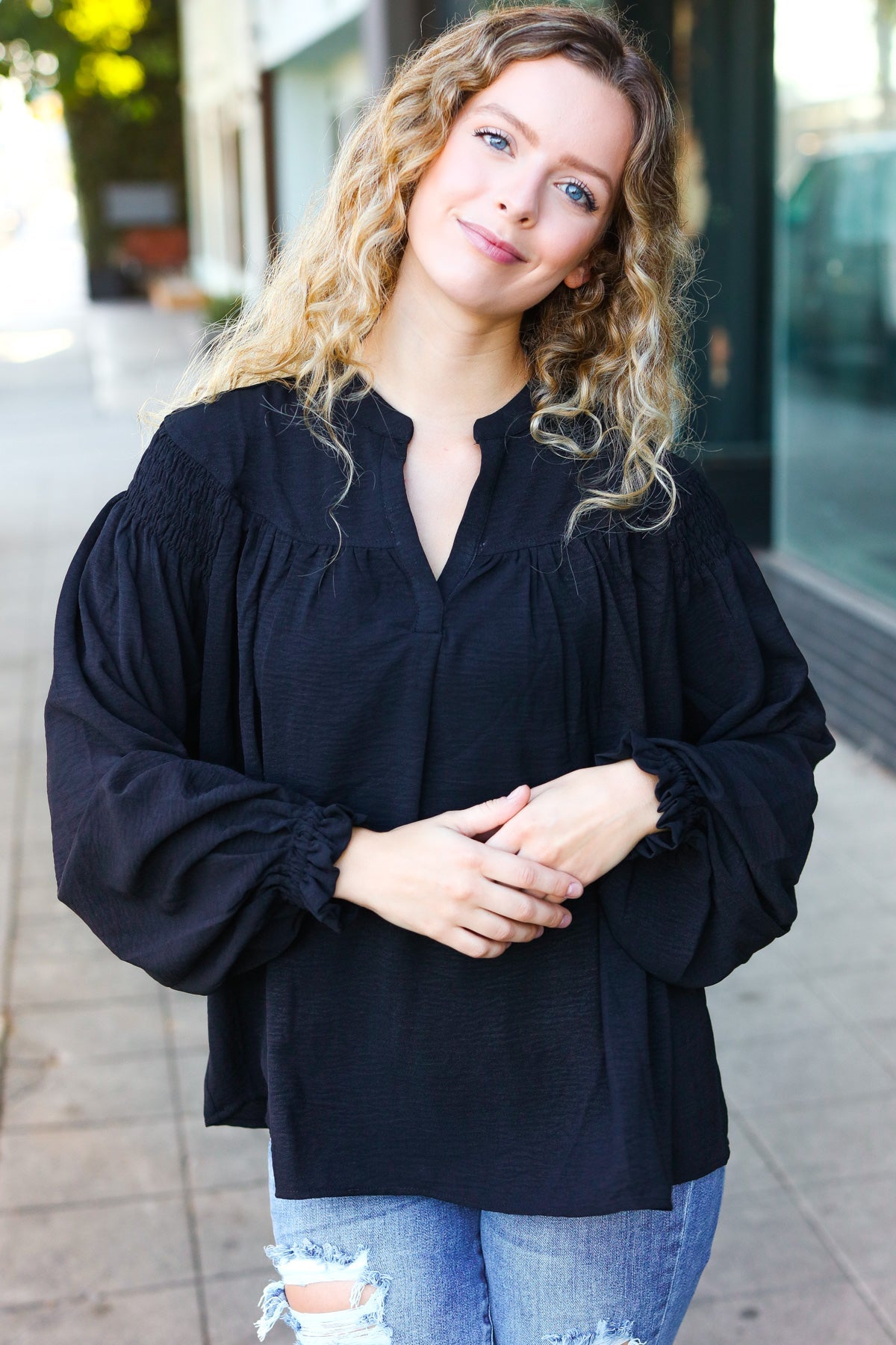 Boho Vibes Black Notched Neck Smocked Bubble Sleeve Top – Charming