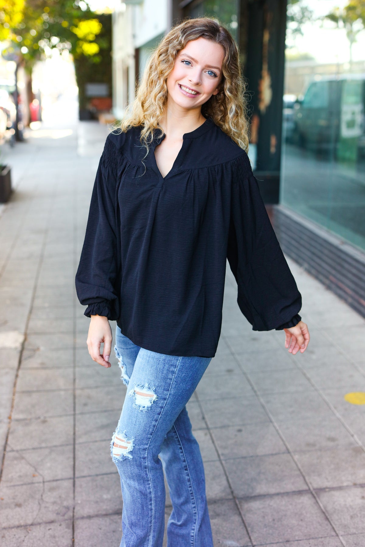 Boho Vibes Black Notched Neck Smocked Bubble Sleeve Top – Charming