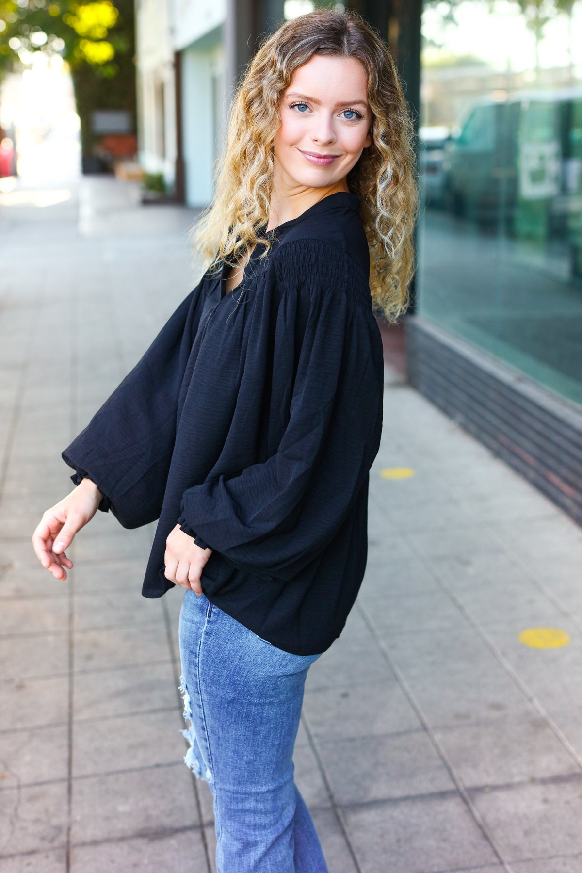 Boho Vibes Black Notched Neck Smocked Bubble Sleeve Top – Charming