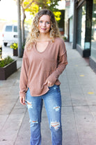 Eyes On You Camel Mineral Wash Rib Notch Neck Pocketed Top - Charming Charlie