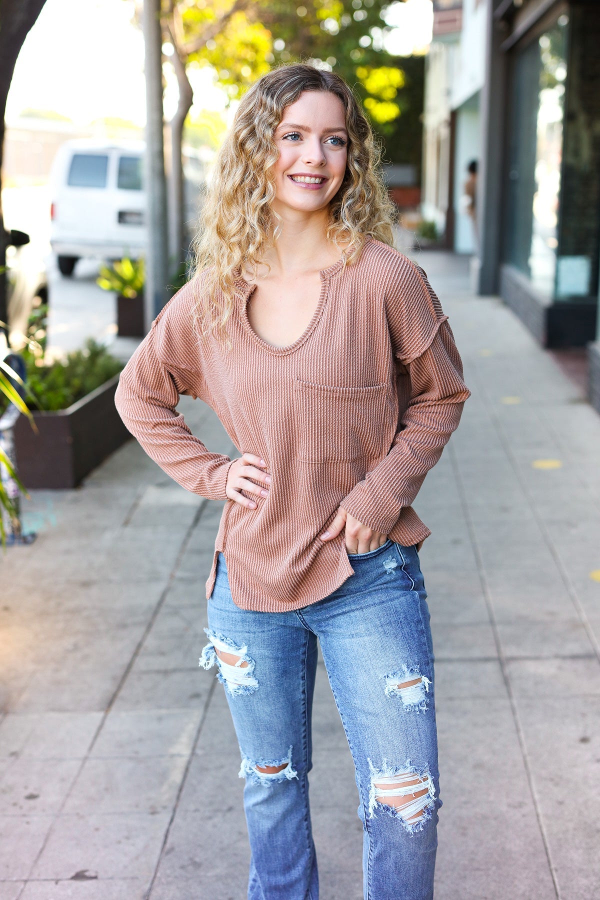 Eyes On You Camel Mineral Wash Rib Notch Neck Pocketed Top - Charming Charlie