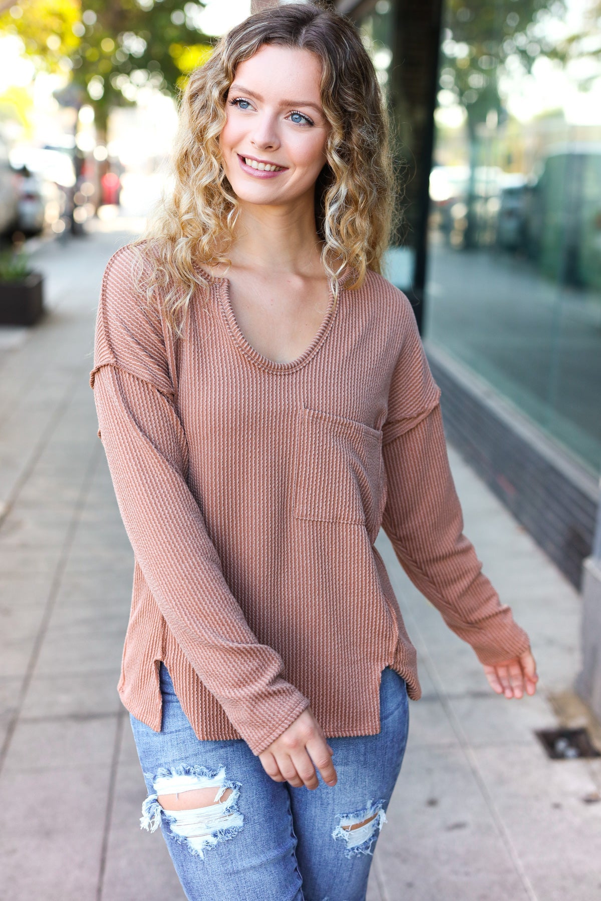 Eyes On You Camel Mineral Wash Rib Notch Neck Pocketed Top - Charming Charlie