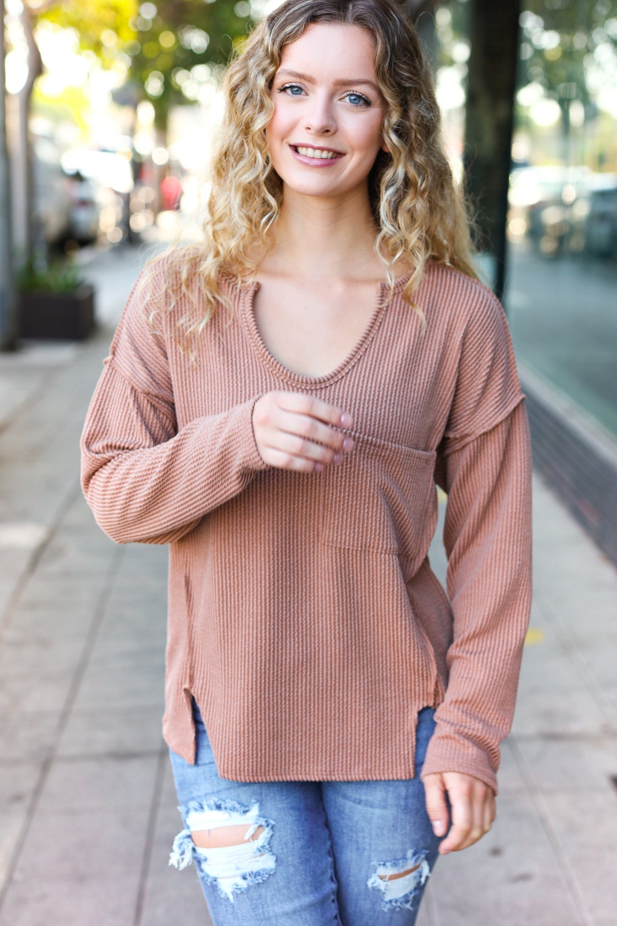 Eyes On You Camel Mineral Wash Rib Notch Neck Pocketed Top - Charming Charlie