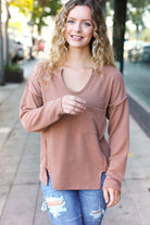 Eyes On You Camel Mineral Wash Rib Notch Neck Pocketed Top - Charming Charlie