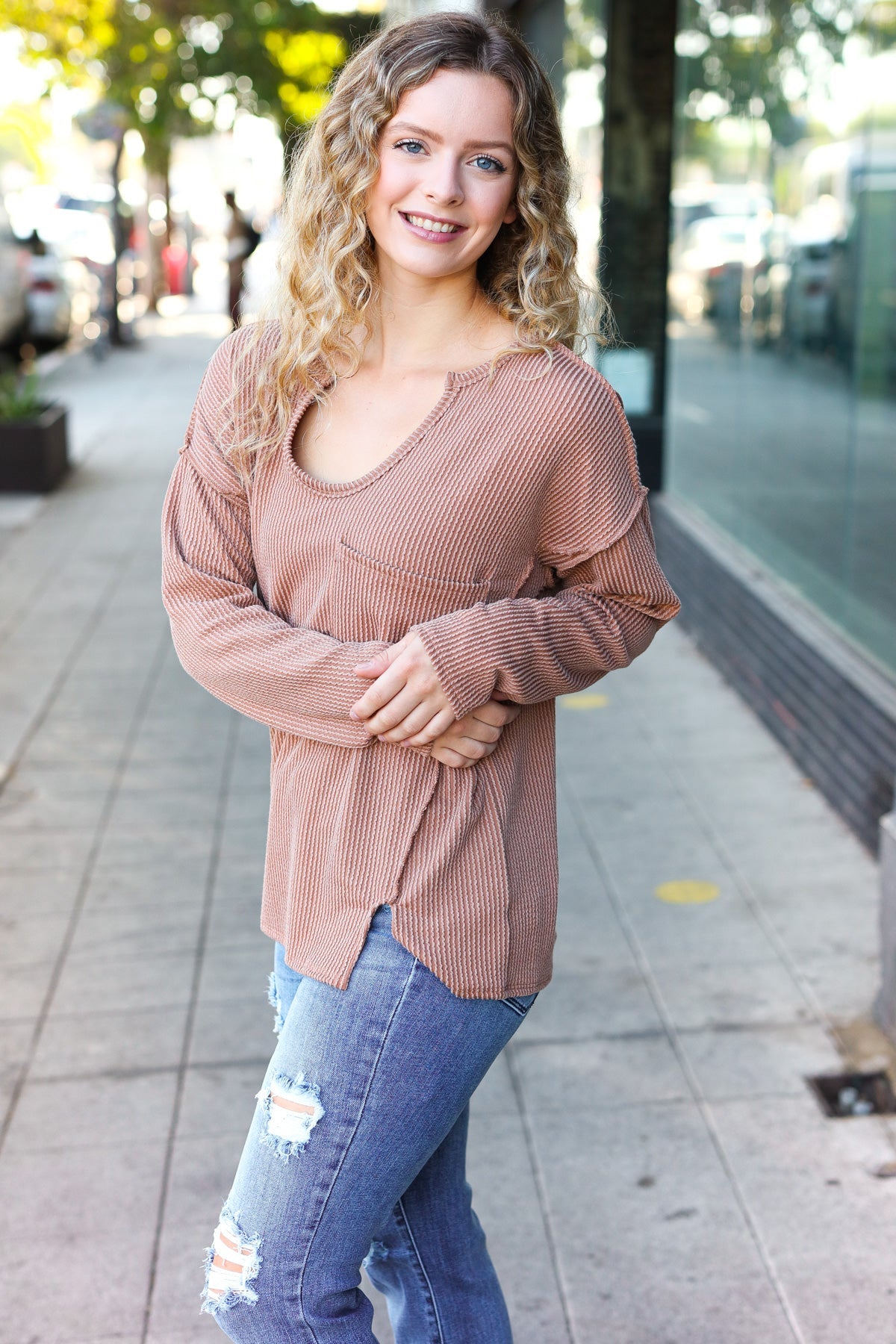 Eyes On You Camel Mineral Wash Rib Notch Neck Pocketed Top - Charming Charlie