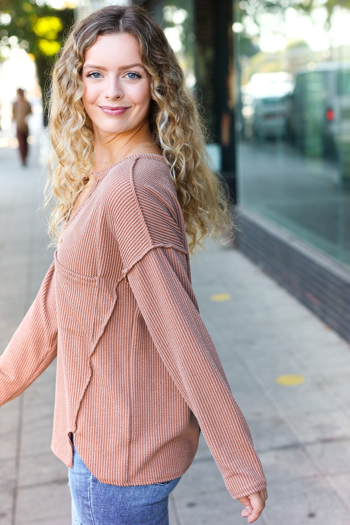 Eyes On You Camel Mineral Wash Rib Notch Neck Pocketed Top - Charming Charlie