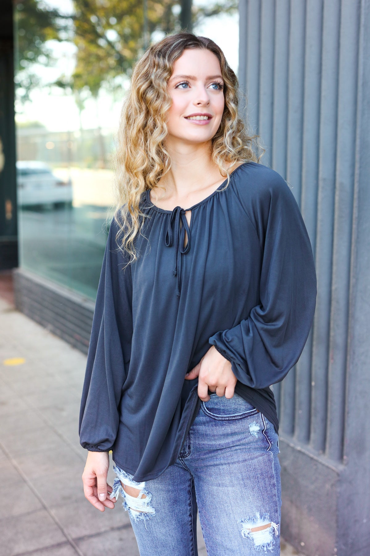 Versatile Charcoal Front Tie Modal Knit Peasant Top - Charming Charlie