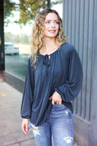 Versatile Charcoal Front Tie Modal Knit Peasant Top - Charming Charlie