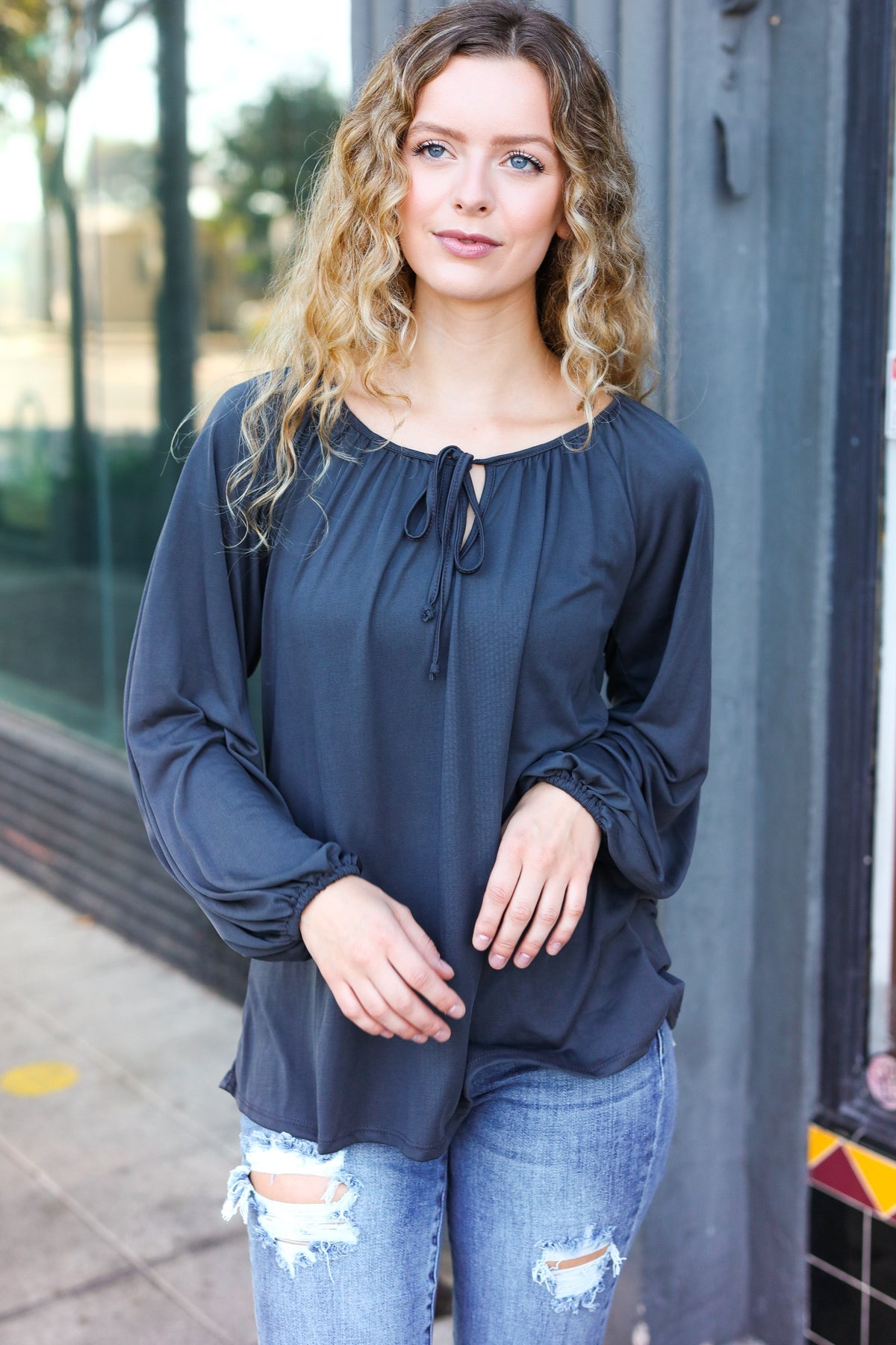 Versatile Charcoal Front Tie Modal Knit Peasant Top - Charming Charlie