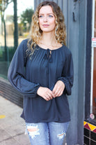Versatile Charcoal Front Tie Modal Knit Peasant Top - Charming Charlie