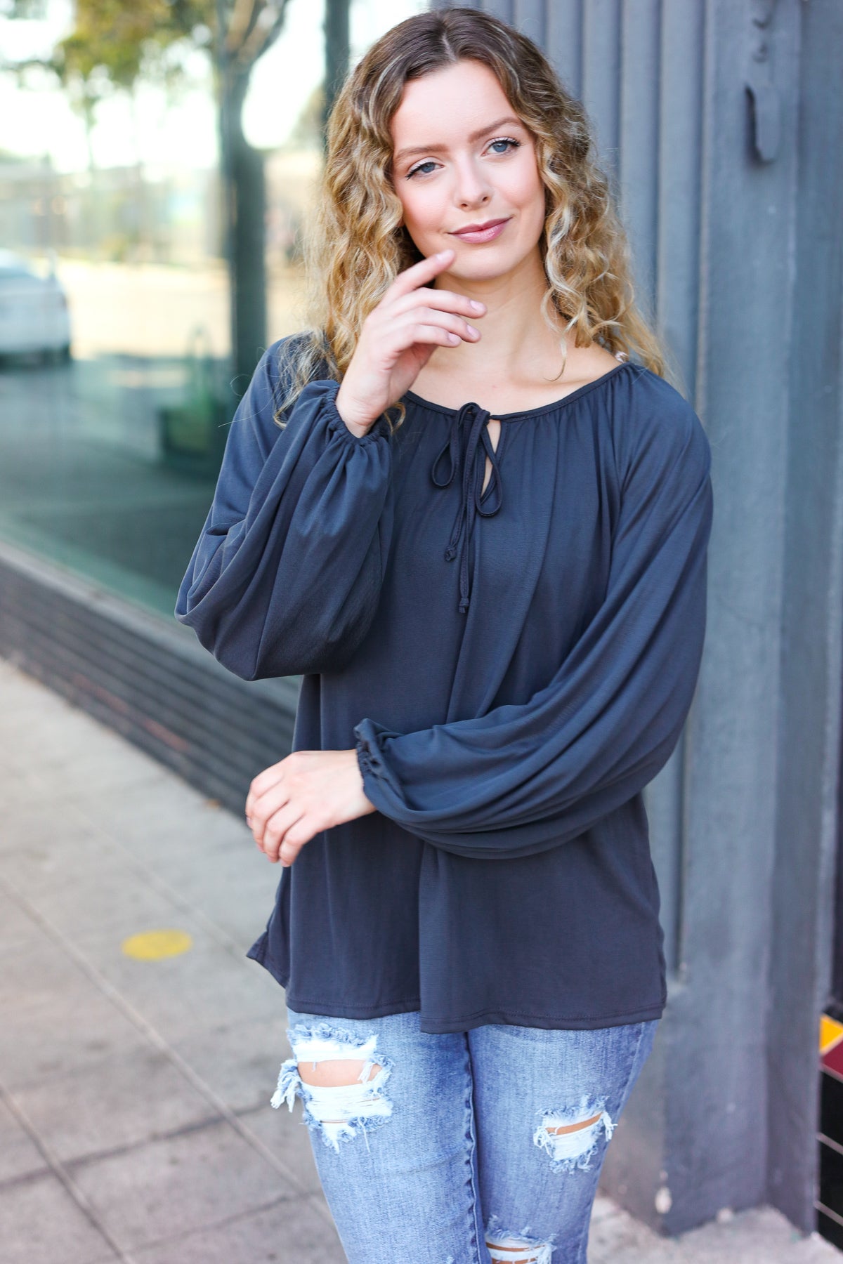 Versatile Charcoal Front Tie Modal Knit Peasant Top - Charming Charlie