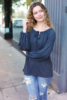 Versatile Charcoal Front Tie Modal Knit Peasant Top - Charming Charlie