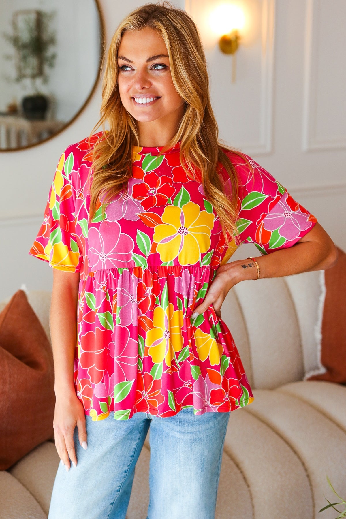 Time For Sun Fuchsia Floral Drop Shoulder Babydoll Top - Charming Charlie