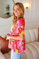 Time For Sun Fuchsia Floral Drop Shoulder Babydoll Top - Charming Charlie