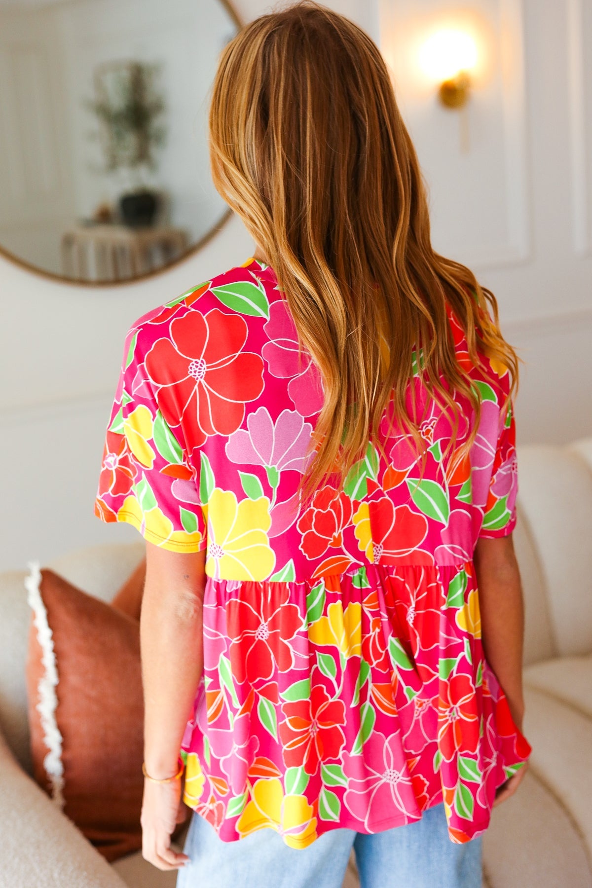 Time For Sun Fuchsia Floral Drop Shoulder Babydoll Top - Charming Charlie