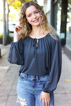 Versatile Charcoal Front Tie Modal Knit Peasant Top - Charming Charlie