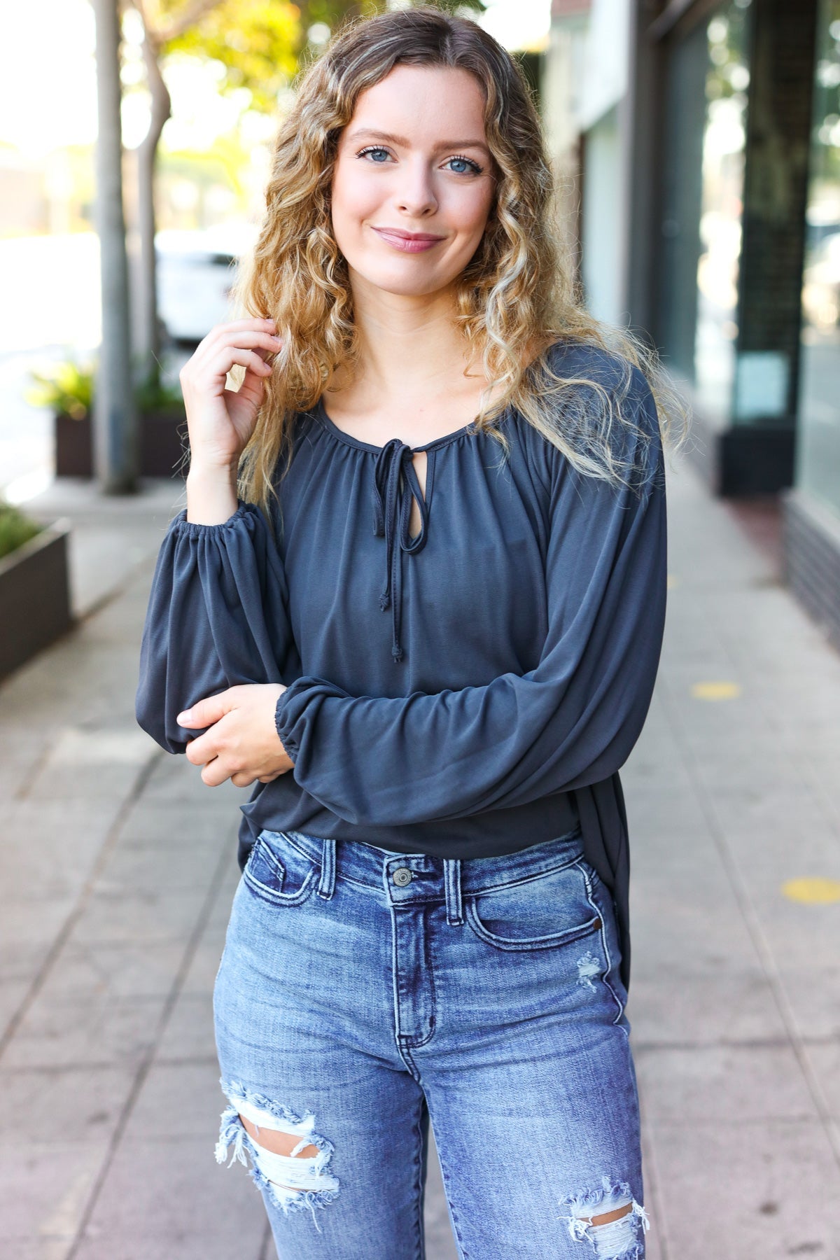 Versatile Charcoal Front Tie Modal Knit Peasant Top - Charming Charlie