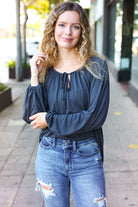 Versatile Charcoal Front Tie Modal Knit Peasant Top - Charming Charlie