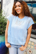 The Perfect Find Sky Blue Dolman Short Sleeve Crochet Sweater Top - Charming Charlie