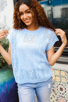 The Perfect Find Sky Blue Dolman Short Sleeve Crochet Sweater Top - Charming Charlie