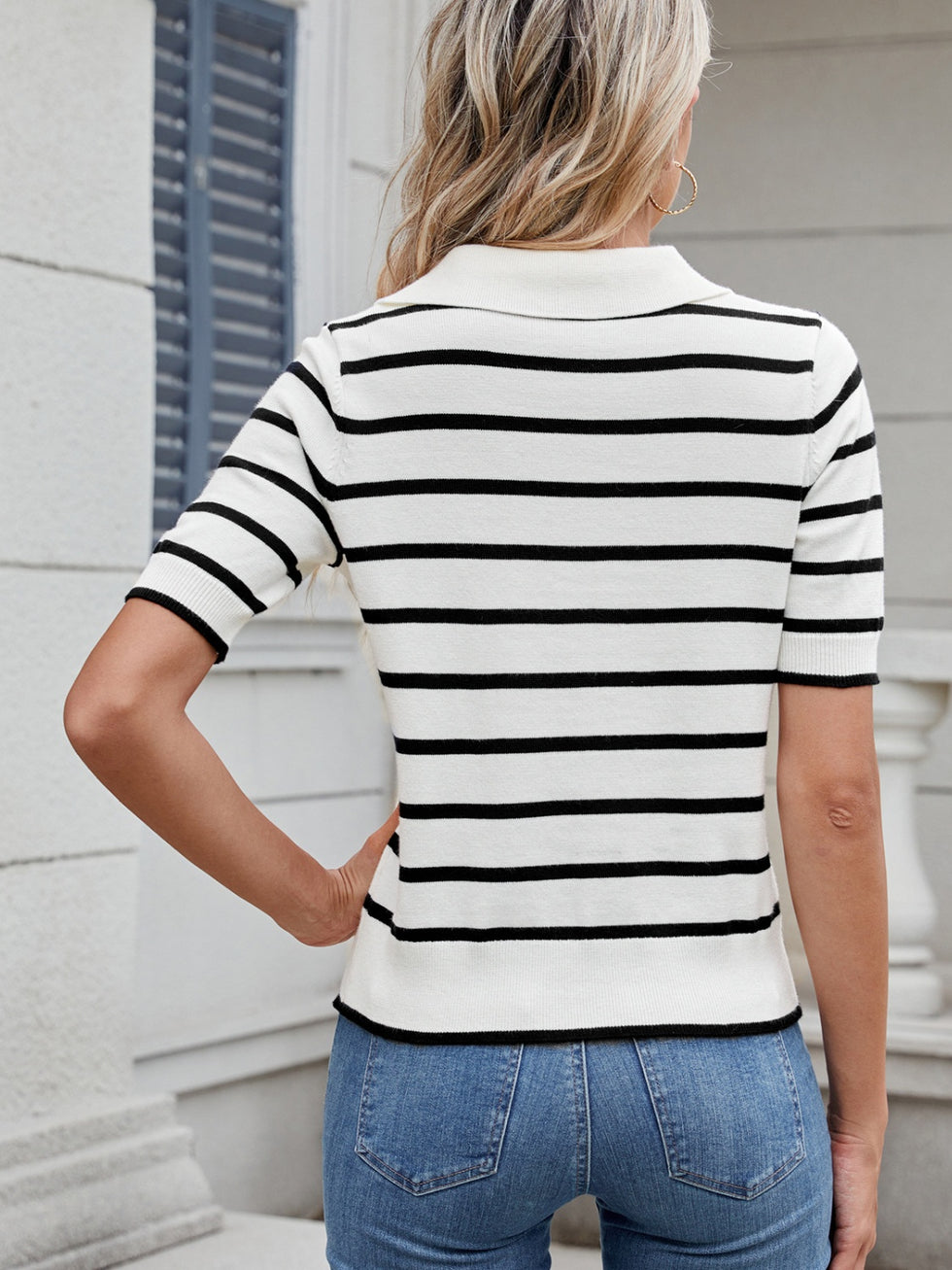 Striped Johnny Collar Long Sleeve Sweatshirt main image 1