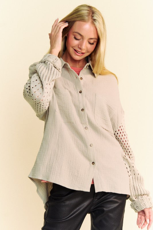Davi & Dani Crochet Sleeve Crinkled Texture Shirt - Charming Charlie