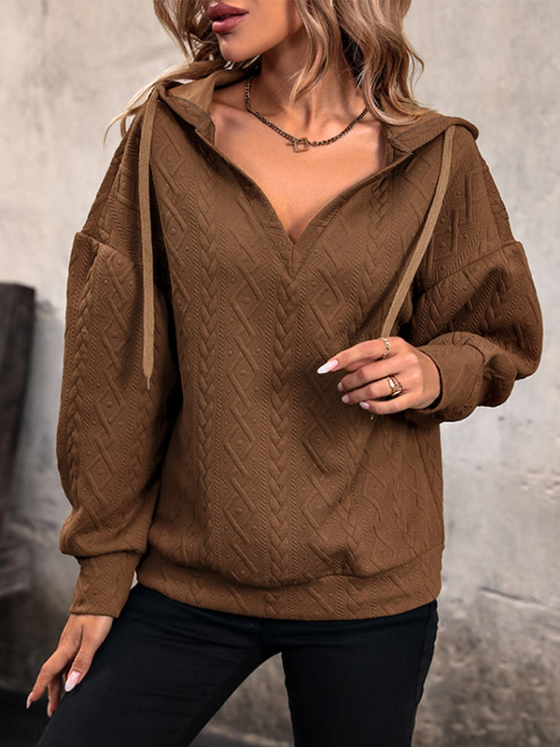 Drawstring Dropped Shoulder Long Sleeve Hoodie - Charming Charlie