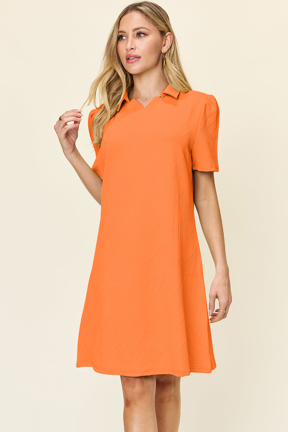 Double Take Full Size Texture Collared Neck Short Sleeve Dress - Charming Charlie
