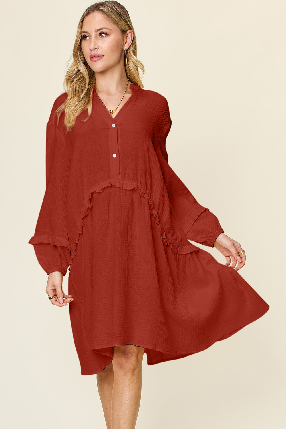 Double Take Full Size Texture Half Button Ruffle Trim Dress - Charming Charlie