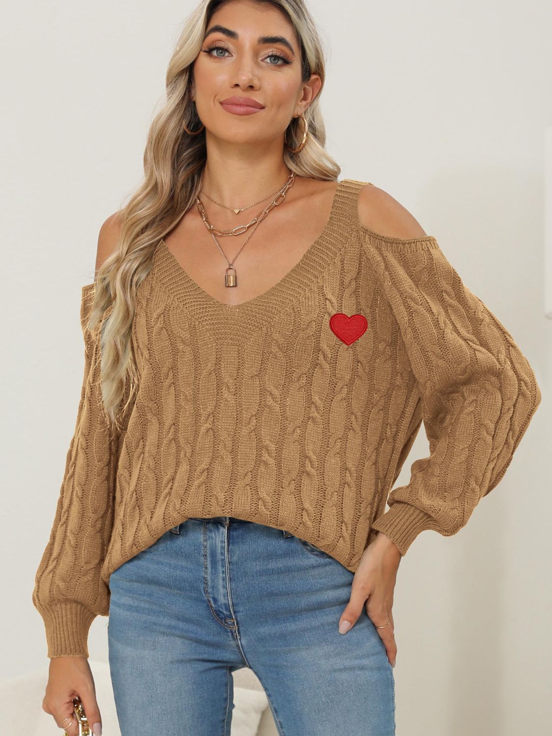 Cable-Knit Heart V-Neck Sweater - Charming Charlie