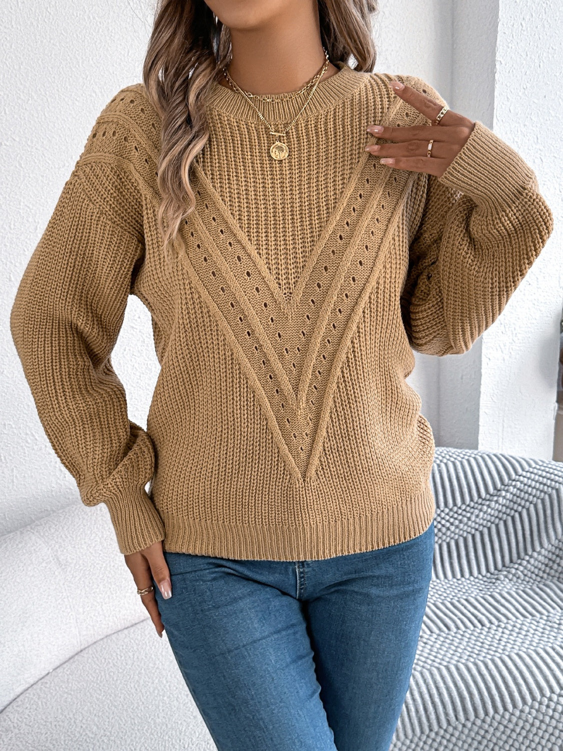 Openwork Round Neck Long Sleeve Sweater - Charming Charlie
