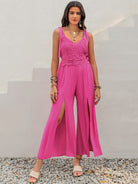 V-Neck Wide Strap Slit Jumpsuit - Charming Charlie
